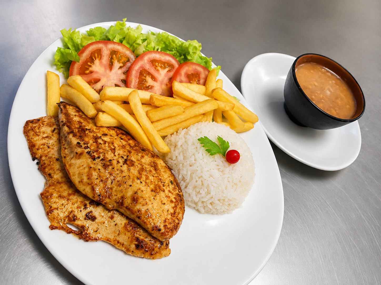 Filé de frango grelhado com arroz, batata frita, salada e feijão do BIMA Restaurante